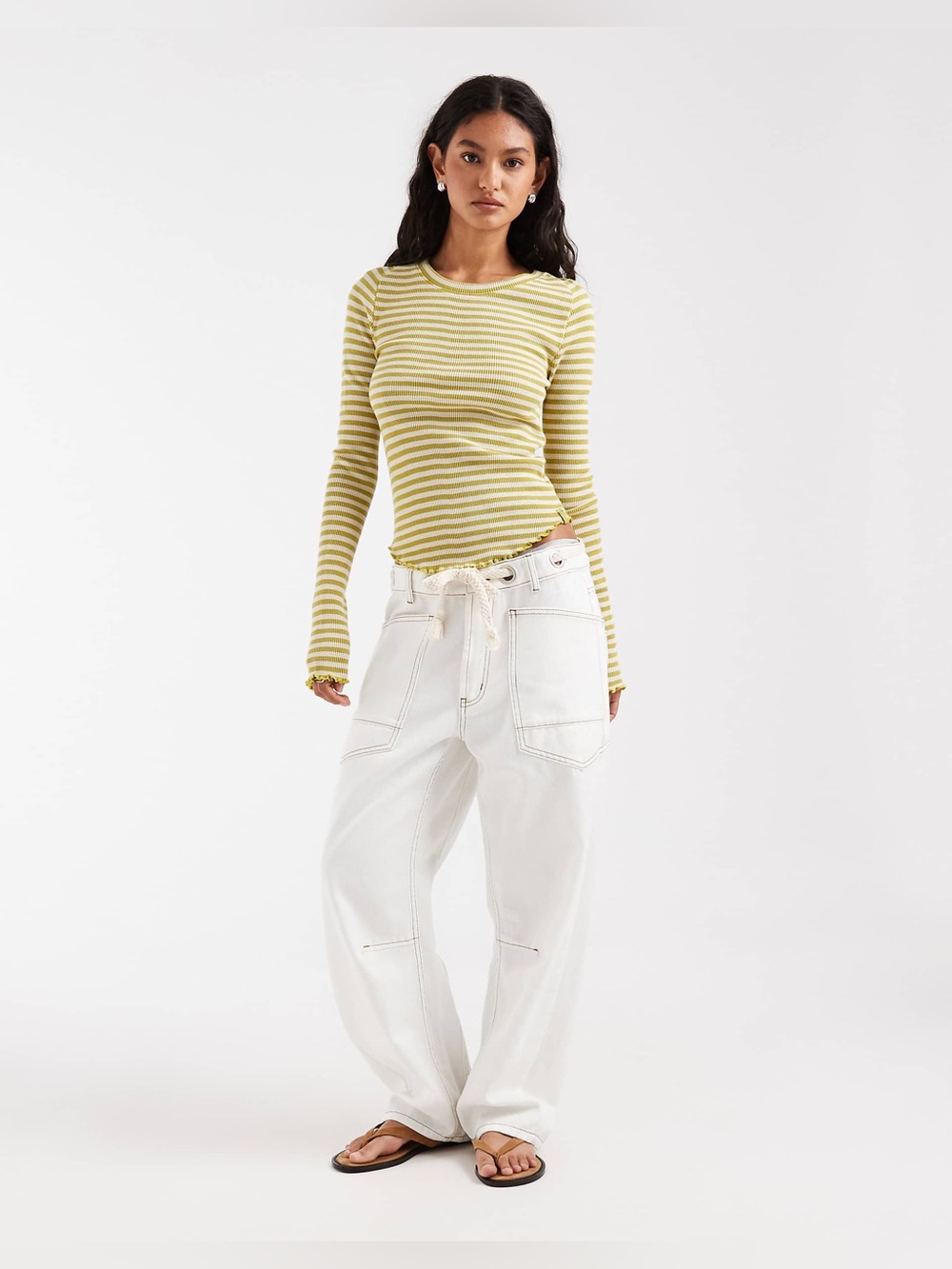 🆕 Free People Easy Does It Striped Long Sleeve T-shirt-Green Combo NWT SZ MED - Picture 2 of 4